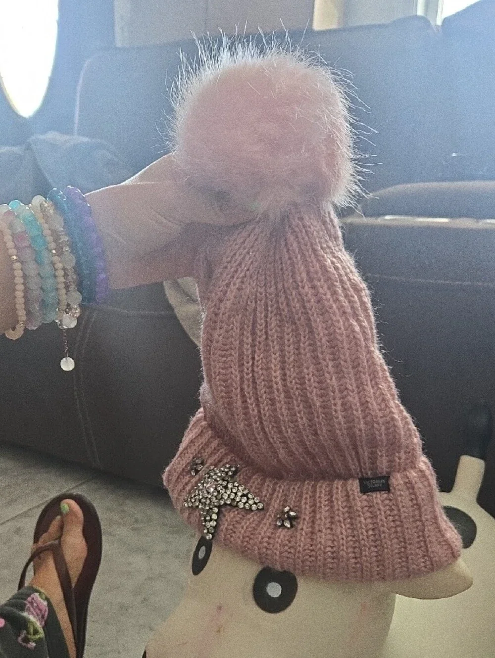 Victoria's Secret Kids Pink Ribbed Beanie with Rhinestone Star Accents